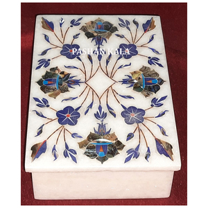 Boîte à bijoux en forme de rectangle avec incrustation de marbre blanc Design de fleurs fait à la main Surface lisse et brillante utilisée pour la décoration intérieure et les cadeaux - Product Image 1