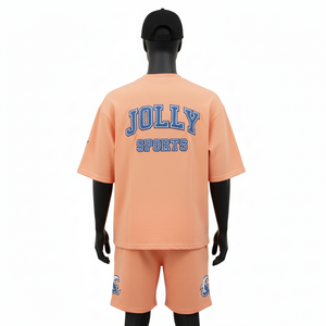 Men Premium Cotton Jersey <b>Shirt</b> and Short Set 220 GSM <b>Peach</b> Sportswear Screen Print Custom Logo Men's Jogging Short Set - Product Image 2