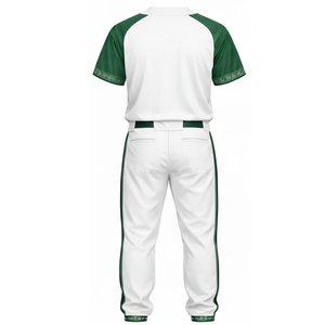 <b>Top</b> Quality White & Dark Green <b>Raglan</b> Baseball Uniform Performance Jersey with Custom Intricate Trim and Side-Stripe Team Pants - Product Image 3