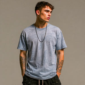 Acid <b>Wash</b> Stone Washed 100% Cotton Woven <b>Men's</b> Summer Short Sleeve Crew Neck T-Shirt Breathable - Product Image 1