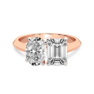 Bague Toi et Moi ovale élégante en émeraude, diamant de laboratoire 1,00 carat (2 diamants), or massif 14 carats, couleur FG, clarté VS, forme moderne, paire - Product Image 3