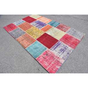 Patchwork Turkish Rug, 5.2x7.8 ft Vintage Rug, <b>Red</b> Patchwork <b>Wool</b> Rug - Product Image 2