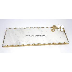 Plateau de service alimentaire pour le Ramadan avec poignées en marbre poli doré de conception de feuilles, ustensiles de cuisine de grande taille, plateau de service alimentaire - Product Image 2