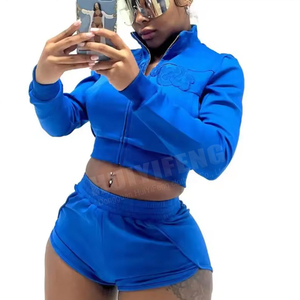 Regular Fit Summer One <b>Set</b> Velvet Two Piece Women Suit <b>Set</b> Zipper Pocket Short Top Long Sleeve - Product Image 5