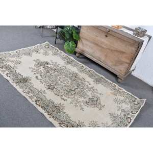 Tapis en laine turque beige classique 4x6 pieds avec motif patchwork en latex pour modèle de couloir rectangle de salon ou de chevet - Product Image 4