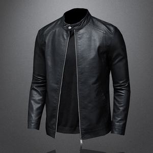 Winter Men's Canvas Leather Jacket <b>Stand</b> Collar <b>Slim</b> Fit Fashion Casual Motorcycle Biker <b>Coat</b> Front Logo - Product Image 3