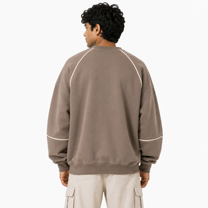 Wholesale Men's <b>Brown</b> Crewneck <b>Fleece</b> Sweatshirt Contrast Piping Casual Pullover Custom Logo Streetwear OEM Private Label Hoodie - Product Image 2