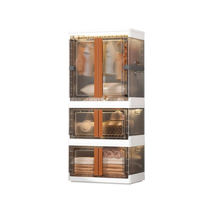 3886-3 3T Hokori <b>Collapsible</b> Storage Cabinet Three-Tier Plastic <b>Wardrobe</b> with Wheels and Side Handles for Clothing and Home Use - Product Image 1