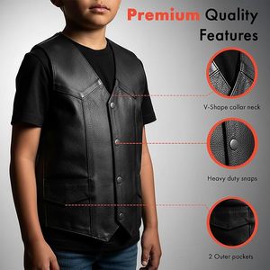 Leather Vests for Kids Premium Cowhide Black Leather Vest with Unique V-Neck Design & Multiple Pockets - Product Image 2