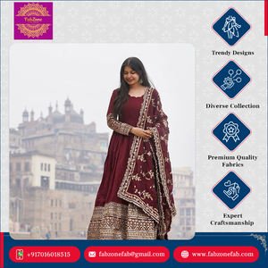 Conjunto de Vestido Anarkali de Lujo en Color Rojo, Estilo Indio Tradicional, Completamente Cosido, en Tela Georgette Sintética Pesada, con Dupatta, para Mujer, FABZONE - Product Image 6