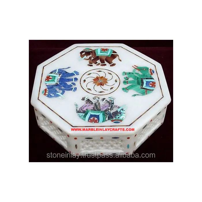Gorgeous White Marble With Elephant Design Finest Carving Finishing Octagonal Boxes For Home Decoration And Business Gifts