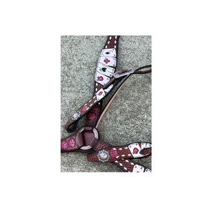 Premium Western Brown Leather Cards & <b>Dice</b> Design Loop Ring Headstall & Breast Collar SS Pin Buckle & Designer Conchos Tack <b>Set</b> - Product Image 3