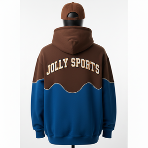 Sweat à capuche 320GSM en coton mélangé doux, panneaux bicolores marron et bleu, broderie, logo personnalisé, sweat à capuche basique - Product Image 2