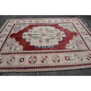 Alfombra Kilim turca Vintage rojo Beige 7,1X9,7 pies látex de lana hecho a mano para dormitorio Patchwork rectángulo diseño abstracto alfombra de yute - Product Image 3