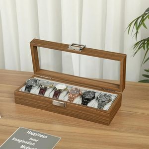 Caja organizadora de reloj de madera con ranura, Vitrina con tapa de vidrio con almacenamiento elegante Interior de terciopelo suave para relojes y joyas - Product Image 3