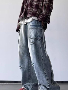 Pantalones vaqueros rasgados Retro personalizables para hombre, pantalones holgados rectos de pierna ancha Hip-hop Y2K, nuevos pantalones vaqueros de moda de talla grande - Product Image 3