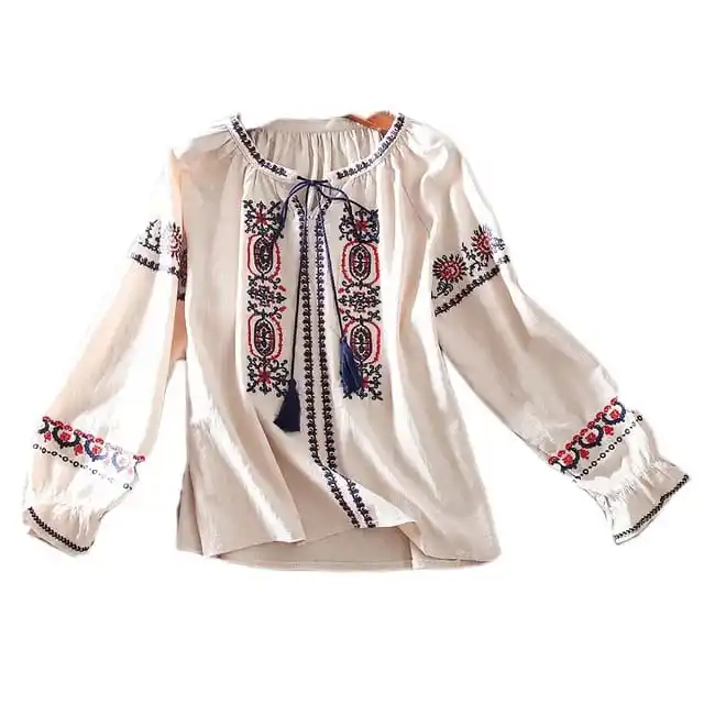 New 2022 Women Floral Embroidery Tunic Summer Women Short Tunic O Neckline Casual Women Full Sleeves Tunic