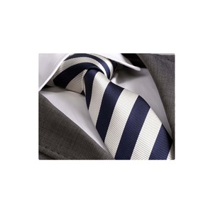 Corbata de Seda de Lujo Azul Marino con Rayas Plateadas, Estampado Jacquard, Cuadros, Puntos, Diseño Floral, Clásica, en Caja de Regalo para Negocios - Product Image 1
