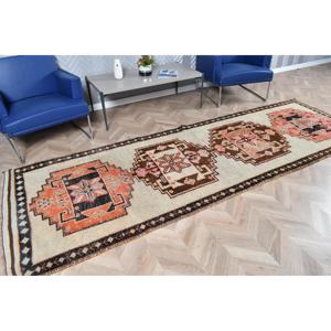 3.8x11.2 ft Vintage Runner Rug Turkish <b>Brown</b> Patchwork <b>Wool</b> Rug with Eco-Friendly Latex Backing - Product Image 2
