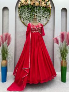 Classic Georgette Evening Gown with Lace Accents and Flared <b>Skirt</b> Perfect for Formal Gatherings Available From India - Product Image 4