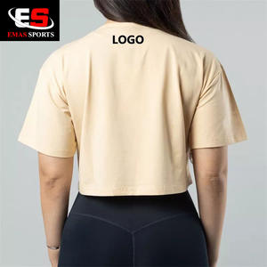 Camiseta corta de algodón 2022 para mujer, manga corta de gran tamaño con hombros caídos personalizados con patrón impreso y decoración de parches - Product Image 3