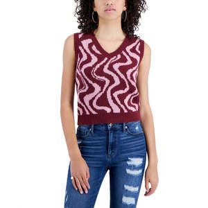 Chaleco de suéter con cuello en V y estampado retro de Crave Fame Junior en rojo, talla pequeña - Product Image 1