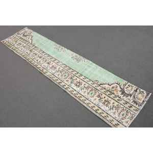 Alfombra Vintage de 1.6x7.2 pies, Alfombra Turca, Alfombra de Lana Verde Sólida - Product Image 1