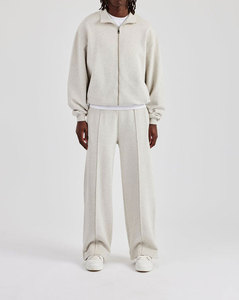 Conjunto de chándal beis de talla grande unisex con logotipo personalizado al por mayor, pantalones de chándal holgados con capucha y cremallera en blanco de alta calidad y forro polar de algodón 100% - Product Image 4