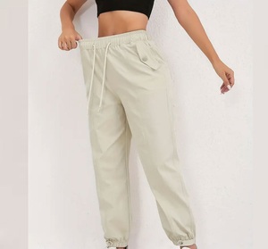 Women High Waist Beige Harem <b>Pants</b> Full Length Drawstring Closure Loose Fit Casual Solid Color Cotton Canvas <b>Pants</b> - Product Image 5