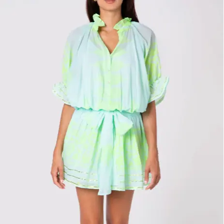 Meilleure vente, robe blouson brillante pour femme en vert aqua et néon, robe courte pour femme bohème remplie de soleil à imprimé dhaka pour les vacances