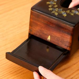 Soporte de caja de pañuelos de madera con aspecto vintage y superficie pulida Caja de pañuelos de madera de lujo con patrón de incrustaciones de latón decorativo - Product Image 2