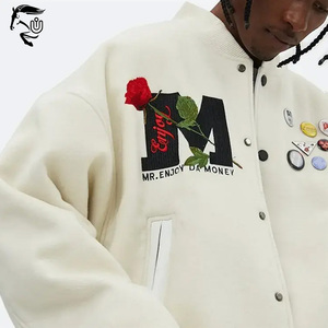 2024 personnalisé hommes 100% laine Varsity Bomber veste Rose broderie col rond fermeture à glissière toile hiver lettre veste-OEM - Product Image 3