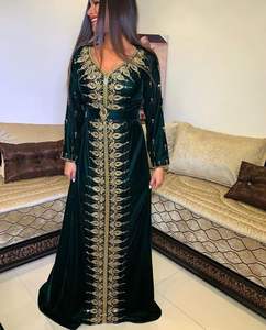 Belle soirée Party-Wear Caftan robe moyen-orient orné de perles de verre en cristal doré pierre Dabka travail fait soie - Product Image 1