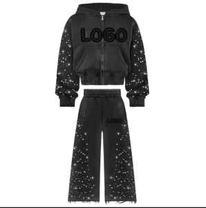 Fabricantes de ropa OEM personalizado 100% algodón cremalleras dobles diseño de diamantes de imitación Sudadera con capucha y pantalones de chándal conjunto chándales para hombres - Product Image 5