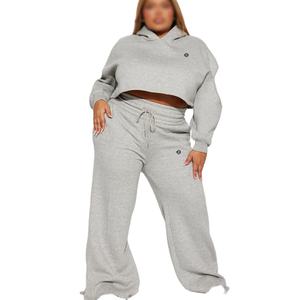 Ensemble 2 pièces molletonné pour femme grande taille : sweat à capuche court à manches longues et pantalon de survêtement large – Tenue décontractée – Fournisseur OEM - Product Image 1