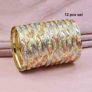 Wholesale Women's 3 Tone <b>Gold</b> Plated Brass <b>Bangles</b> 12 Piece <b>Set</b> Party Occasion Multi-Tone <b>Gold</b> Filled - Product Image 3