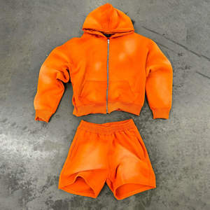 Custom Distressed Embroidery Patch Hoodie Acid Wash Vintage <b>Zip</b> Winter Streetwear Cotton <b>Shorts</b> Tracksuits Jogger <b>Shorts</b> Set - Product Image 4