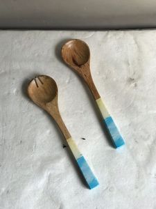 Sky Blue ชามคละแบบลายด้วยตัวเอง,ชามใส่สลัดไม้มะม่วงพร้อมช้อนสำหรับใส่ผลไม้ชามสลัดพร้อมชุดเซิร์ฟเวอร์ - Product Image 4