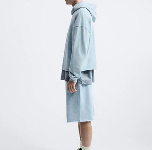 Vintage lavage à capuche hommes 100% coton surdimensionné goutte épaule ourlet brut recadrée Streetwear pull à capuche pour hommes - Product Image 4