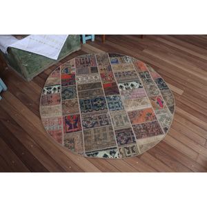 Tapis vintage 4,8x4,8 pieds, tapis turc patchwork, tapis en laine géométrique arc-en-ciel - Product Image 2