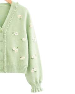 Cardigan en tricot vert menthe personnalisé pour femme avec imprimé floral, col en V à volants, boutonné devant, mode d'hiver mignonne - Product Image 2