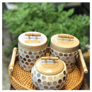 Mother of Pearl Bamboo Jar artisan bamboo nacre mosaic <b>canister</b> for <b>tea</b> coffee storage and countertop display Vietnam - Product Image 4