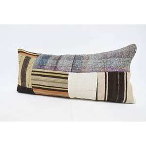 Coussin en laine patchwork Kilim multicolore 16x36 pouces Coussin décoratif d'accent avec motif de feuilles moelleuses vintage Technique tissée - Product Image 4