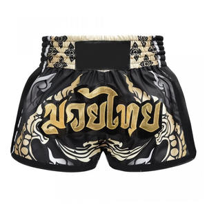 Pantalones cortos de Muai Thai negros personalizados de alta calidad con logotipos bordados y pretina elástica a la venta pantalones cortos de boxeo personalizados - Product Image 1