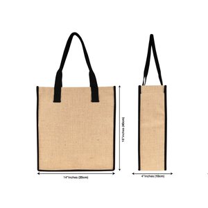 Eco-Friendly Reusable Blank Jute Tote <b>Bag</b> 14 X 16 X 4 Inches <b>Medium</b> Shopping Trolley Black Handles Washable Letter Patterned - Product Image 3