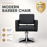 Fauteuil de Barbier Noir Matelassé Diamant avec Relevage Hydraulique, Base Carrée Chromée, Chaise de Coiffure Professionnelle