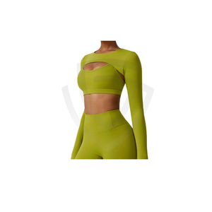 ชุดออกกำลังกายผู้หญิง 2 ชิ้น กางเกงขาสั้นเอวสูงและเสื้อชั้นในกีฬาแบบครอป ลายเรียบ มีโลโก้ด้านหน้า สำหรับวิ่ง โยคะ และออกกำลังกาย - Product Image 1