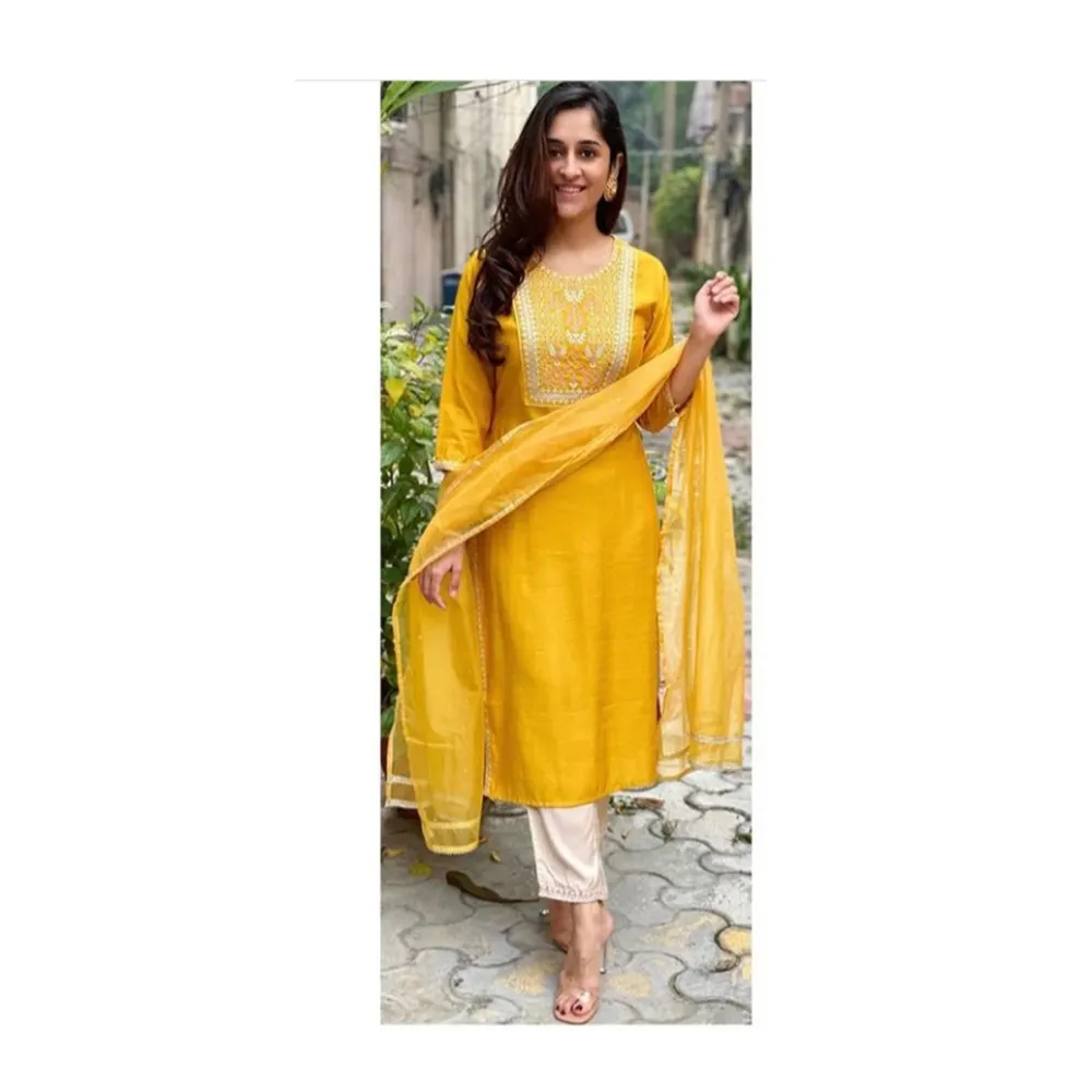 Buy All Season Wear Breathable Rayon Fabric Embroidery Work Kurti Pant And Dupatta Size Available From M To XXL On All Dresses