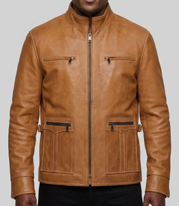 Chaqueta de Motociclista de Cuero Genuino Color Bronceado para Hombre, Cuello Alto, Cierre de Cremallera, Corte Regular, Estilo Otoñal - Product Image 1