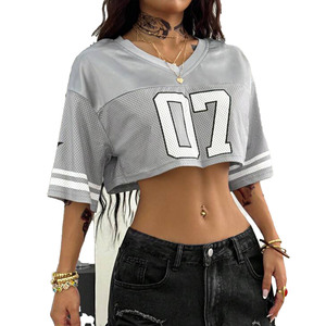 Maillot de football américain en maille grise pour femmes, col en V, numéro 07, applique brodée, haut court surdimensionné - Product Image 1